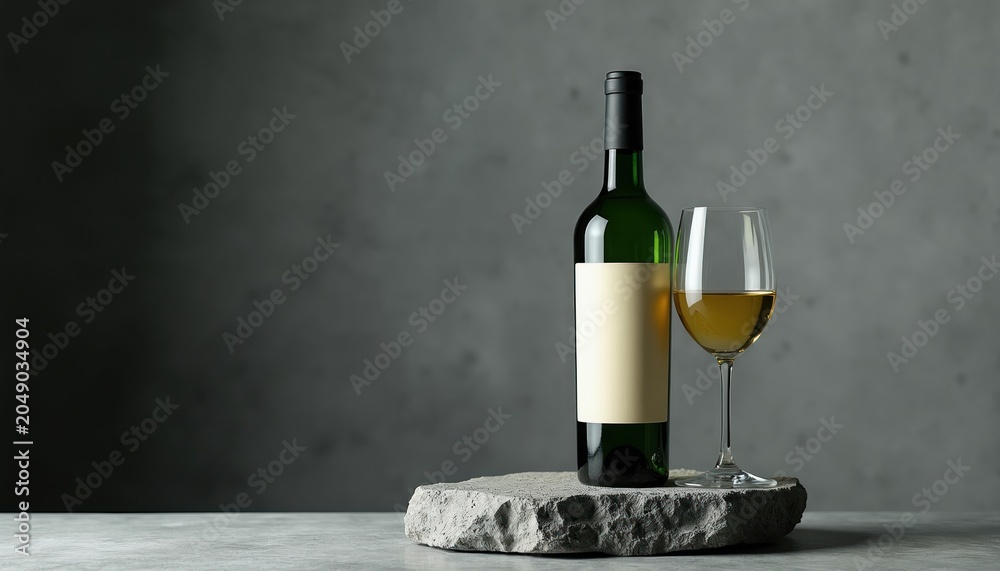Fototapeta premium Green bottle of white wine with empty label stands near filled wine glass on stone pedestal. Serve chilled beverage on concrete background, for tasting or winery promotion.
