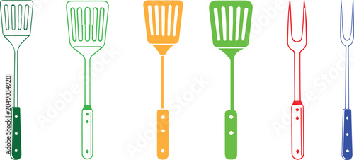 Fotografie BBQ spatula and grilling fork vector icon set with outline and silhouette design