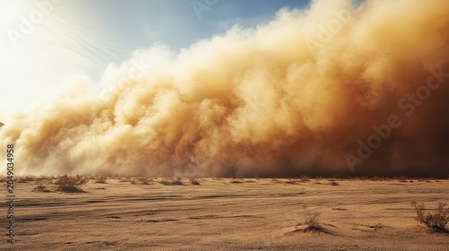Massive dust storm engulfs a dry desert landscape with dramatic lighting and turbulent sky
