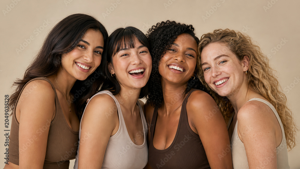 Fototapeta premium Four Happy Diverse Women Smiling and Laughing Together, Embracing Beauty Diversity and Natural Skin Care Concept, Neutral Studio Background
