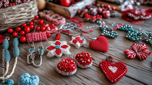 Various Festive Handmade Christmas Ornaments and Decorations on a Wooden Surface