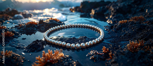 Pearl necklace jewelry water ocean environment rocks coral sunlight reflections. Fashion campaign trends accessories nature surface waves lifestyle aesthetics. Sustainability sea life wellness photos.