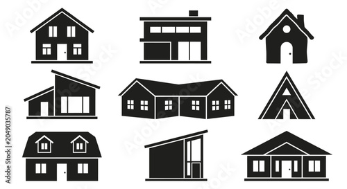 Cuadro en lienzo Black Silhouette House Shapes A Collection Of Vector Building Icons