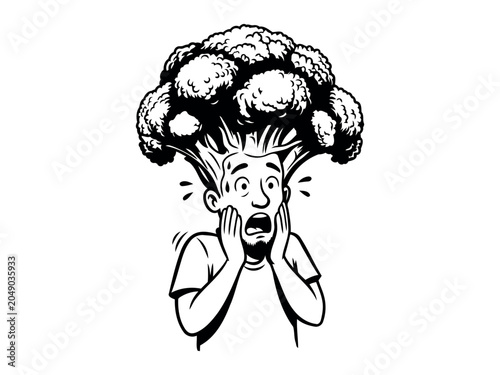 Photography Shocked man, broccoli explosion, comic book style, black and white vector, emoti
