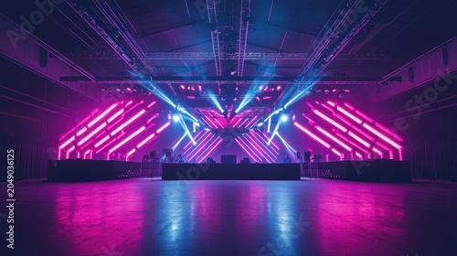 Vibrant Neon Stage Lighting Sets the Scene for an Energetic Music Event with DJ Booth