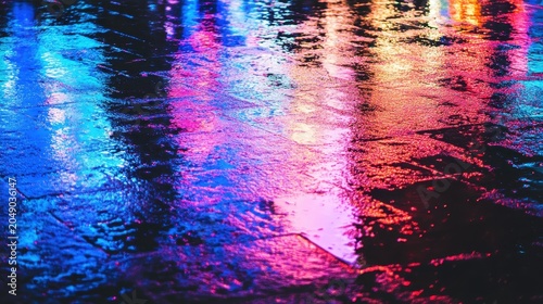 Vibrant neon lights reflecting on wet urban street pavement at night creating colorful streaks and abstract patterns