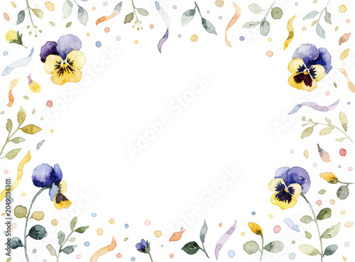 Watercolor pansy floral frame border background