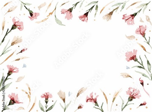 Watercolor pink carnation flower frame border background