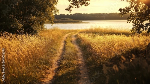 Winding dirt path through golden fields towards a serene lake at sunset