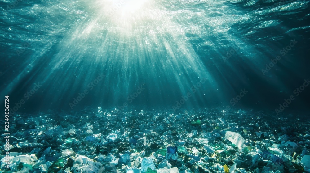 Naklejka premium Underwater ocean floor covered in plastic pollution with sunlight rays shining through the water