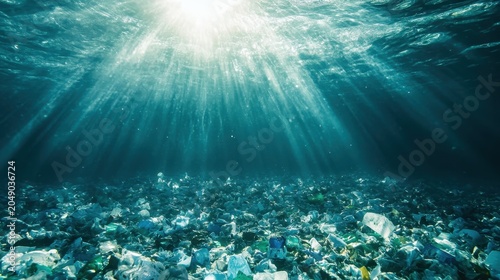 Underwater ocean floor covered in plastic pollution with sunlight rays shining through the water