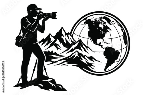 Photos Travel photographer with camera and world globe silhouette