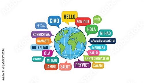 A vibrant illustration of a blue and green globe surrounded by colorful speech bubbles, each containing the word 'hello' in a different language, symbolizing global communication and diversity.