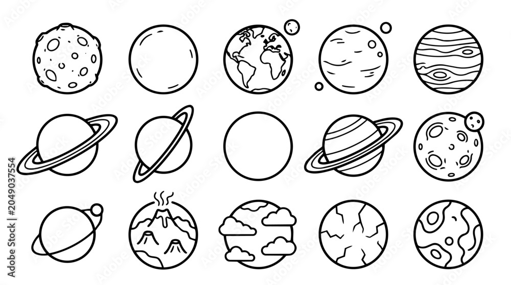 Obraz premium Set of space planets and moons outline icons