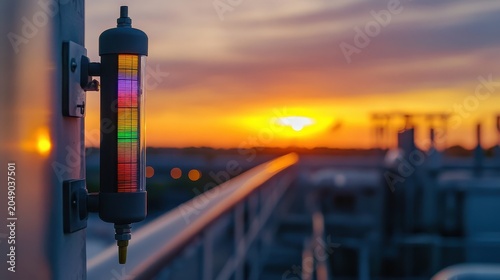 Vibrant Air Quality Monitoring Station Indicator Illuminates Against a Dramatic Sunset Horizon