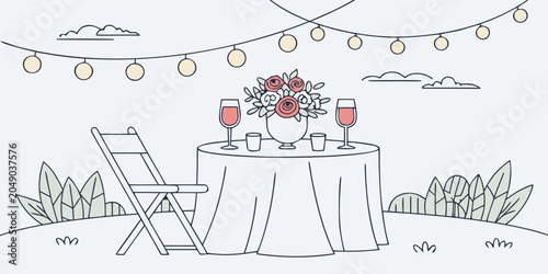 Картината върху платно Romantic outdoor garden dining table setting with flowers and string lights illu