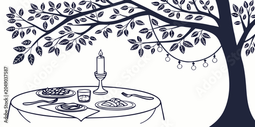 Tableau sur toile Romantic candlelit dinner table under a large tree with hanging lights illustrat