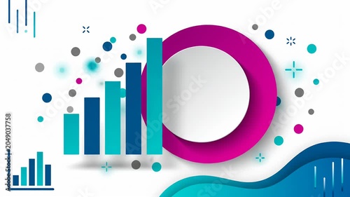 Modern pink circular frame with colorful abstract elements.