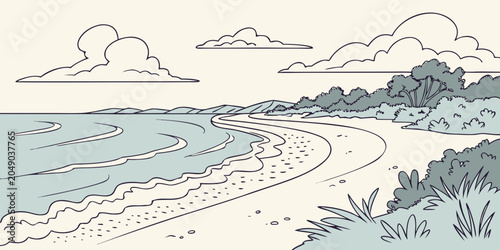 Photos Stylized coastal landscape sketch with tropical vegetation and clouds landscape