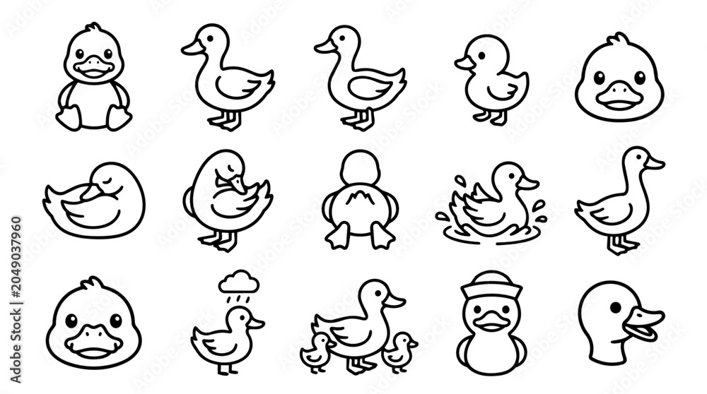 Fototapeta premium Cute duck and duckling line art set with various poses