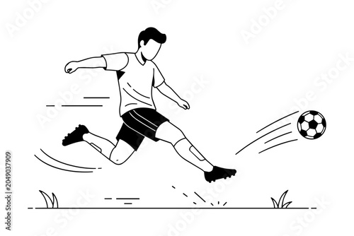 Fotografie Minimal line art illustration of a soccer player dribbling a football with motion lines