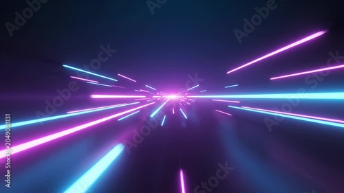 Neon light beams racing on reflective dark surface.