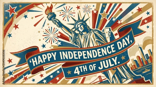 Vintage style illustration of statue of liberty with happy independence day banner on 4th of july