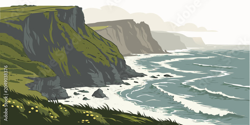 фотографія Rugged sea cliffs and coastal beach landscape drawing with landscape shoreline i