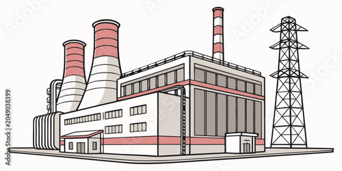 Fotografie Industrial factory complex with tall smokestacks and electrical transmission tow