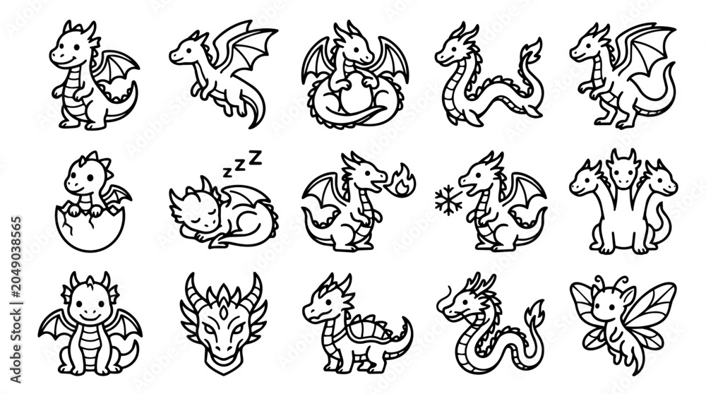 Naklejka premium Collection of cute cartoon dragon outline drawings