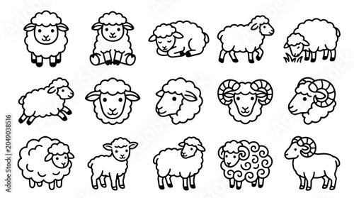 Cute cartoon sheep and ram outline set