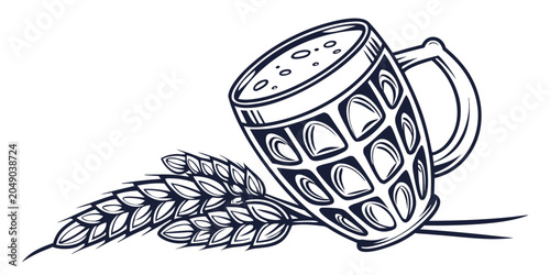Tablou pe pânză Beer mug with barley stalks graphic design beverage agriculture ingredients illu