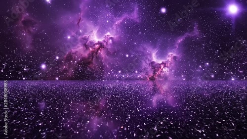 Purple nebula and stars reflecting on sparkling cosmic landscape