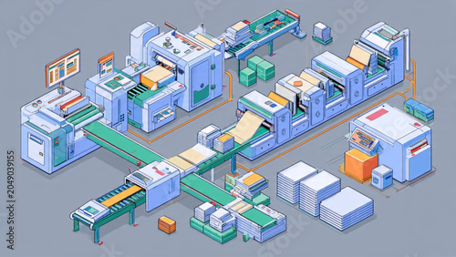 Automated factory production line with machines and conveyor belts in industrial setting