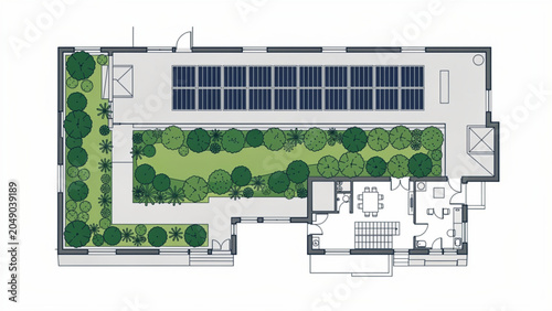 Eco-friendly rooftop solar panel system on modern building with greenery and urban design
