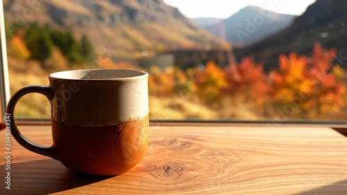Cozy Mug of Coffee with Autumn Mountain Landscape View Seamlessly