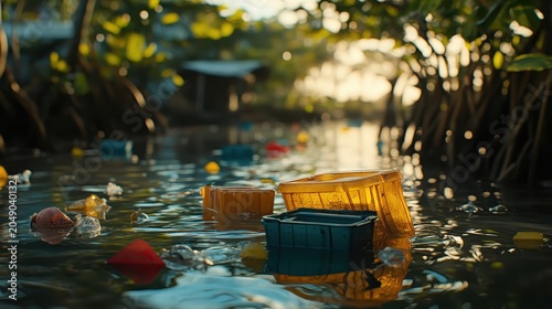 Discarded plastic containers floating near lush green mangroves in soft light, highlighting environmental pollution.