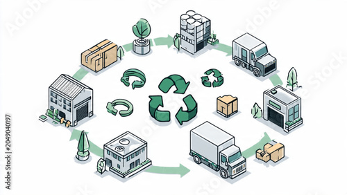 Sustainable recycling process illustration with eco icons and circular flow design