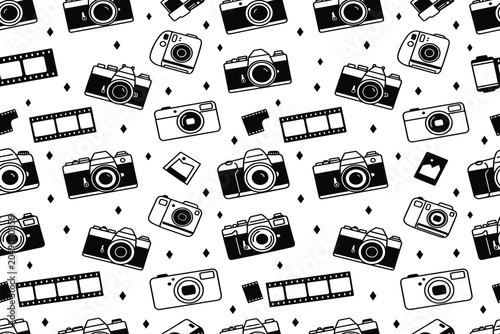 Black and white camera pattern with film strips