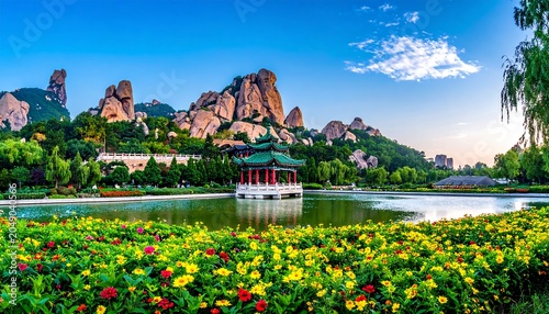 Scenic vista of a lake, garden, ornate pavilion, and rocky mountains