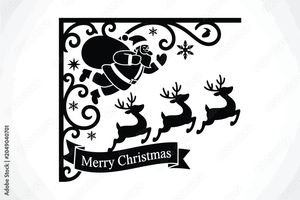 Fototapeta premium Christmas corner frame vector illustration featuring silhouette Santa Claus flying with reindeer snowflakes and a merry Christmas ribbon banner