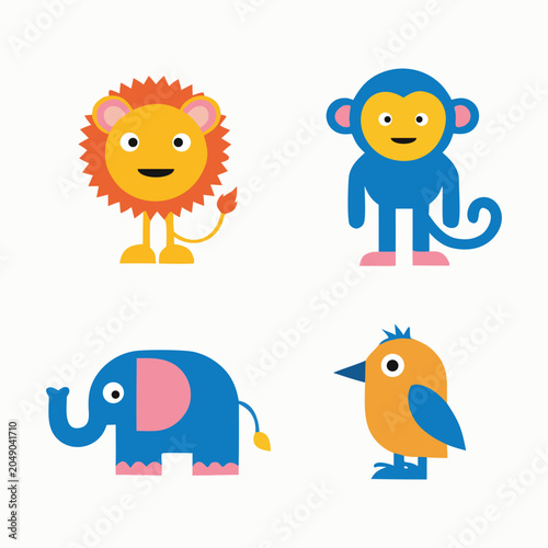 Photography Collection of cute cartoon safari and tropical forest animals including lion gir