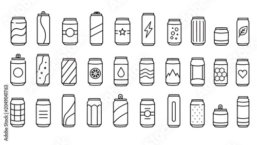 Beverage container line icon set. Cans, bottles, cartons, jars, drink packs and liquid packaging outline vector illustrations. Symbols on white background.