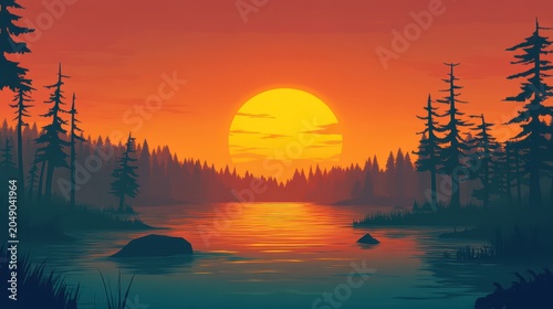 Vibrant sunset illuminating a serene lake with silhouetted pine trees along the shore