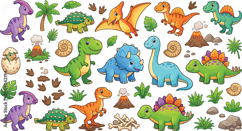 Obraz premium Cute Cartoon Baby Dinosaur Set with T-Rex Triceratops Brachiosaurus Stegosaurus and Pterodactyl in Prehistoric Scene Vector Illustration