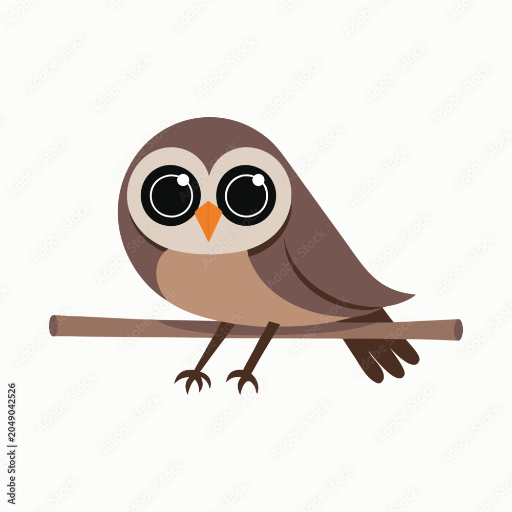 Obraz premium Cute brown cartoon owl perched horizontally on a simple brown branch with large eyes and wings