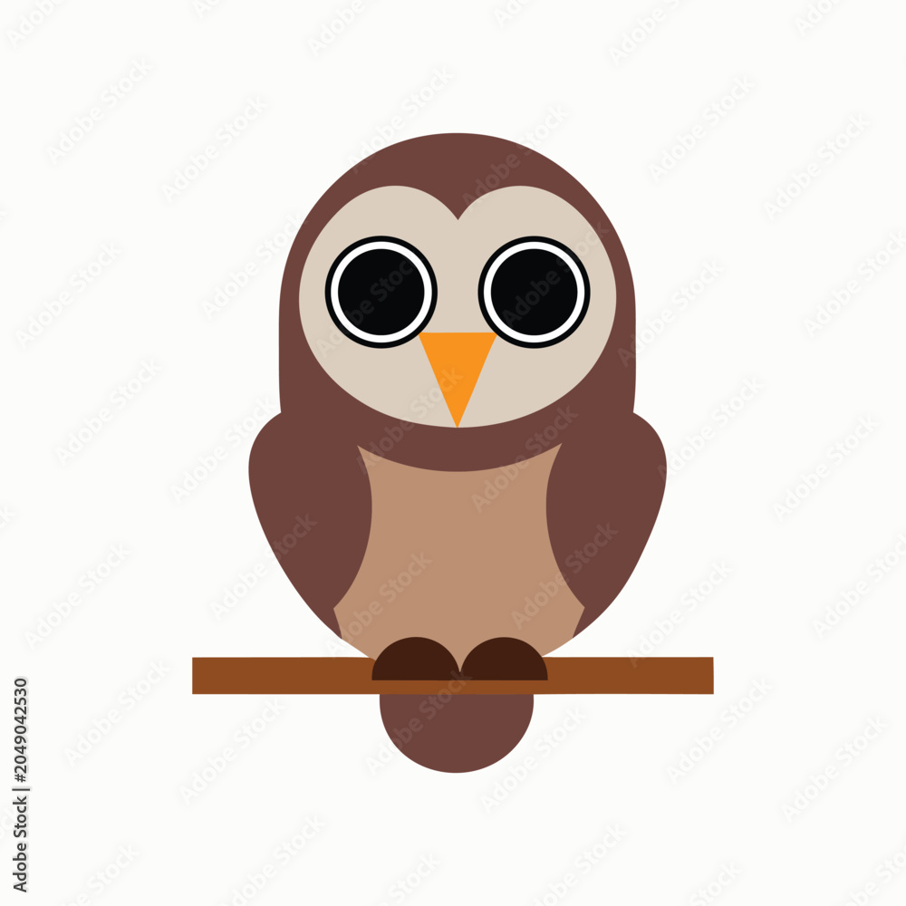 Obraz premium Friendly brown cartoon owl perched on a tree branch isolated on white background bird character design