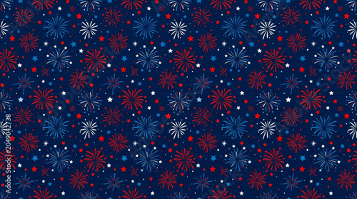 Seamless pattern of red white and blue fireworks festive celebration background for holidays and events abstract graphic design