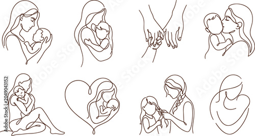 Tableau sur toile Mother and Child Continuous Line Illustration Set Featuring Loving Embrace, Hand