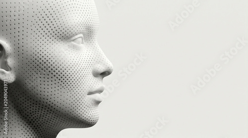 Minimalist cyborg face profile on white background for AI concept